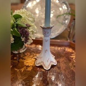 Antique Haviland H & Co L Limoges Porcelain Candlestick, Pink Roses, Gold Trim